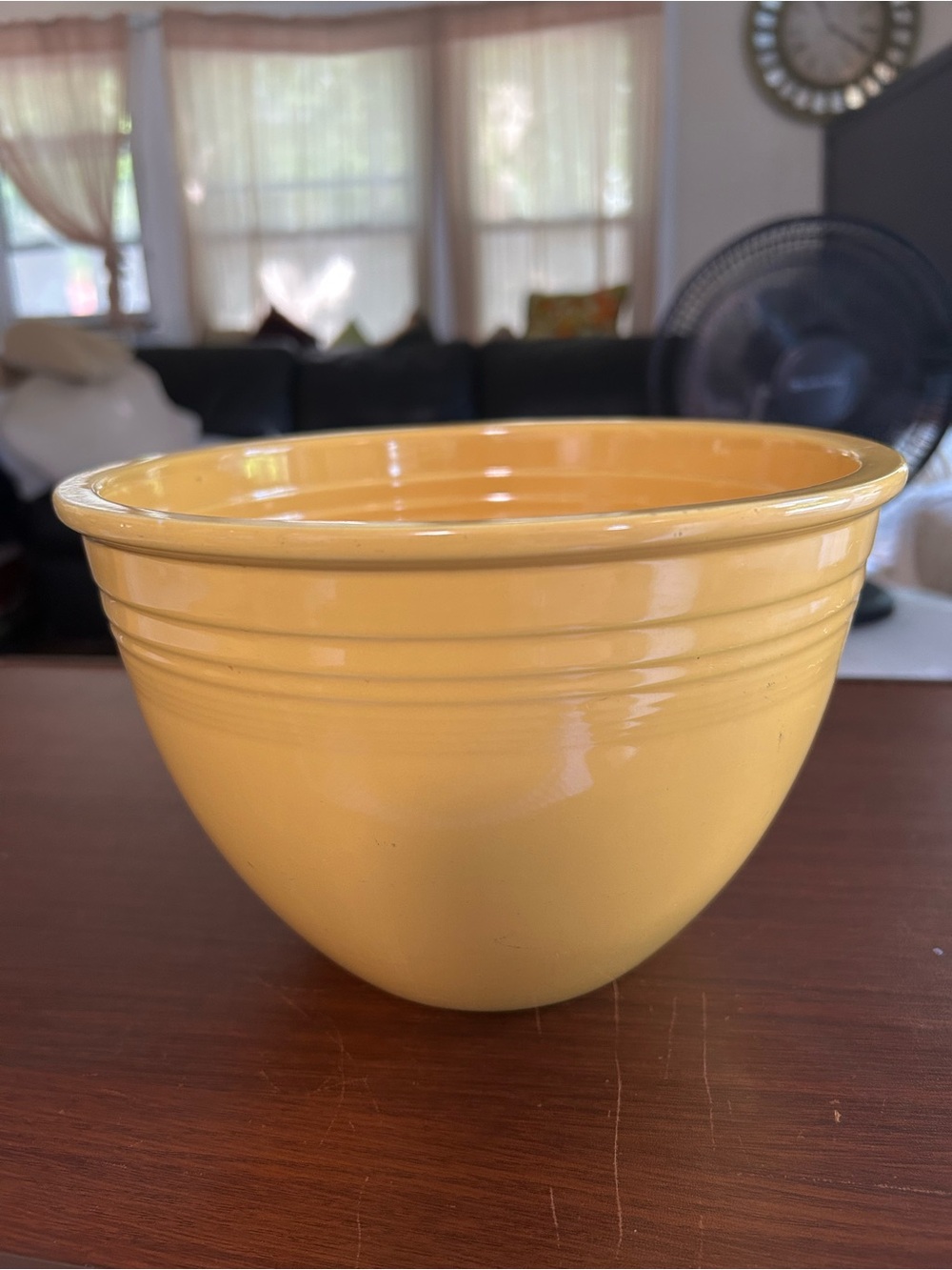 Vintage fiestaware yellow mixing bowl two chips on the rim, 8 3/4”wide x 6 1/2”